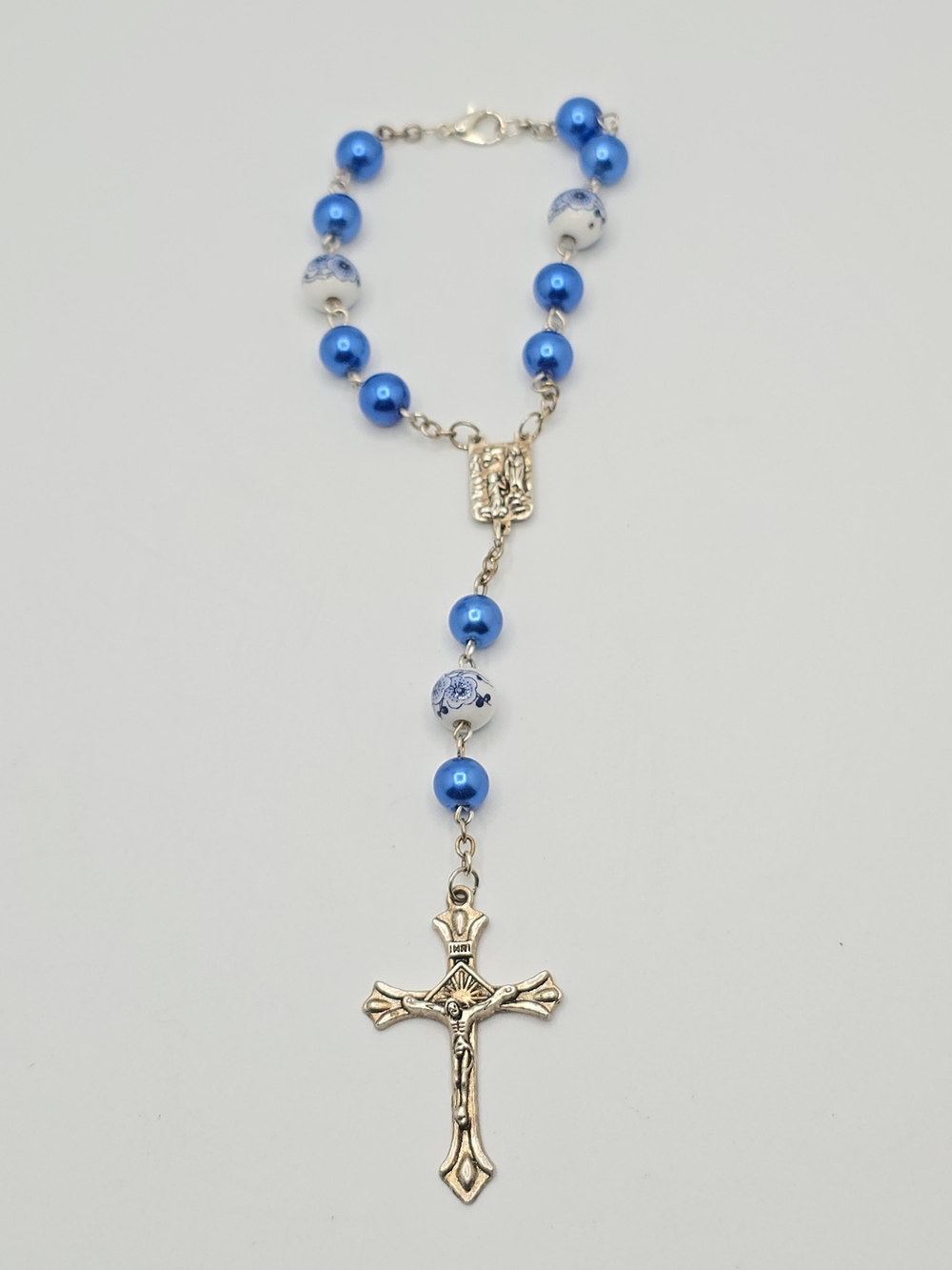 Vintage Blue Beaded Rosary Bracelet Crucifix Virgin Mary Floral Beads 6.75"